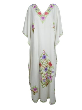 Women Maxi Kaftan Dress, White Cotton Embroidered Summer Beach Loose Caftan Dress 3X