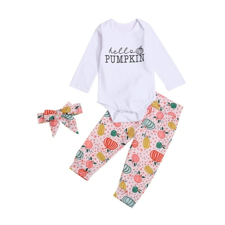 

Sunisery 3PCS Newborn Infant Baby Girls Letters Romper Pumpkin Shorts/Pants and Hairband Halloween Outfits Long Style 18-24 Months