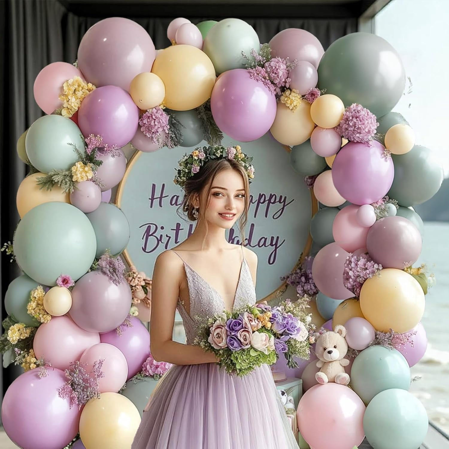Dusty Green Pink Purple Yellow Balloon arch kit,Double Stuffed Haze Purple Mauve Pink Ivory Sage Green Lilac Light Yellow Balloons Garland for Brithday Wedding Wild Flower Princess Party Decorations