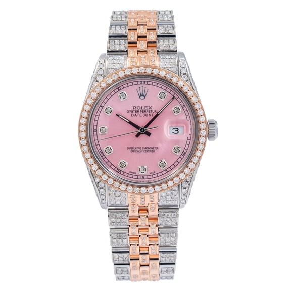 Pre-Owned Rolex Datejust 36MM 16231 Pink Diamond Dial Diamond Bezel Two Tone Rose Gold Full Diamond Jubilee Bracelet 8.25ct