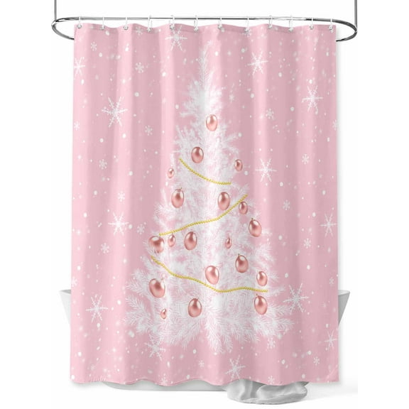 Christmas Pink Shower Curtain Set ,Waterproof Fabric Shower Curtains White Xmas Tree Winter Snowflakes Shower Curtains for Bathroom,Bathroom Decor 36"x72"