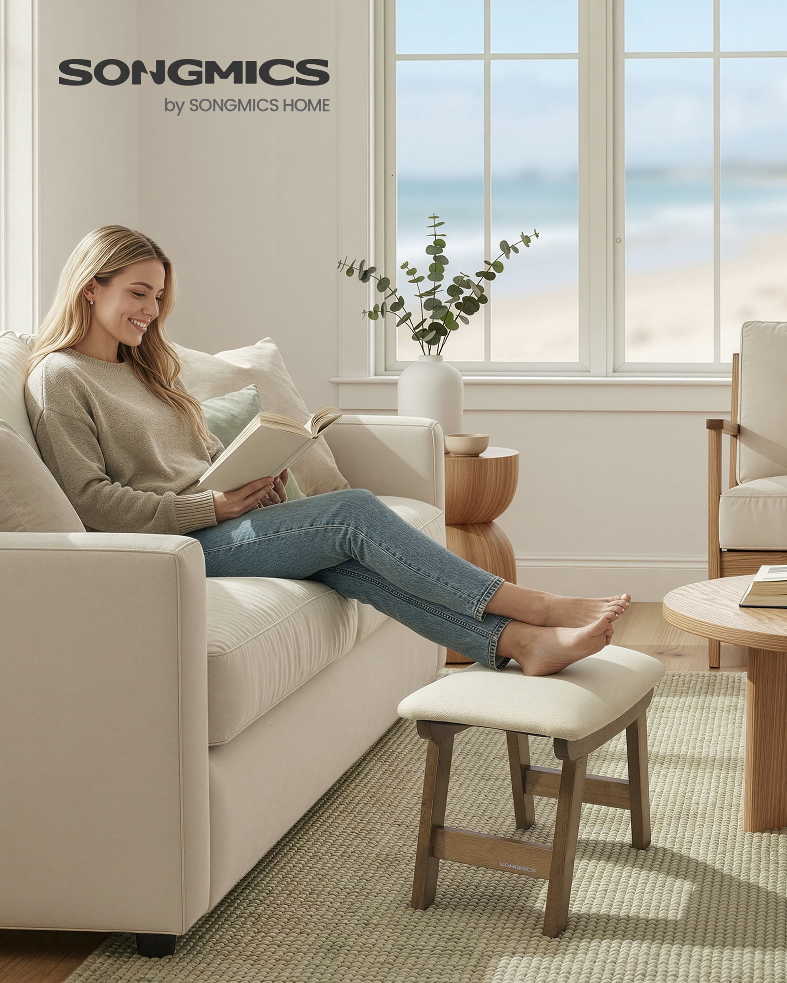SONGMICS Foot Stool Ottoman, Padded Foot Rest Under Desk with Solid Wood Frame, Removable Cover, Summer Sand and Brown