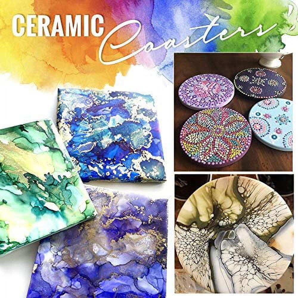 Pixiss Ceramic Tiles for Crafts Coasters,12 Ceramic White Tiles Unglazed  4x4 Squares with Cork Backing Pads, Use with Alcohol Ink or Acrylic  Pouring