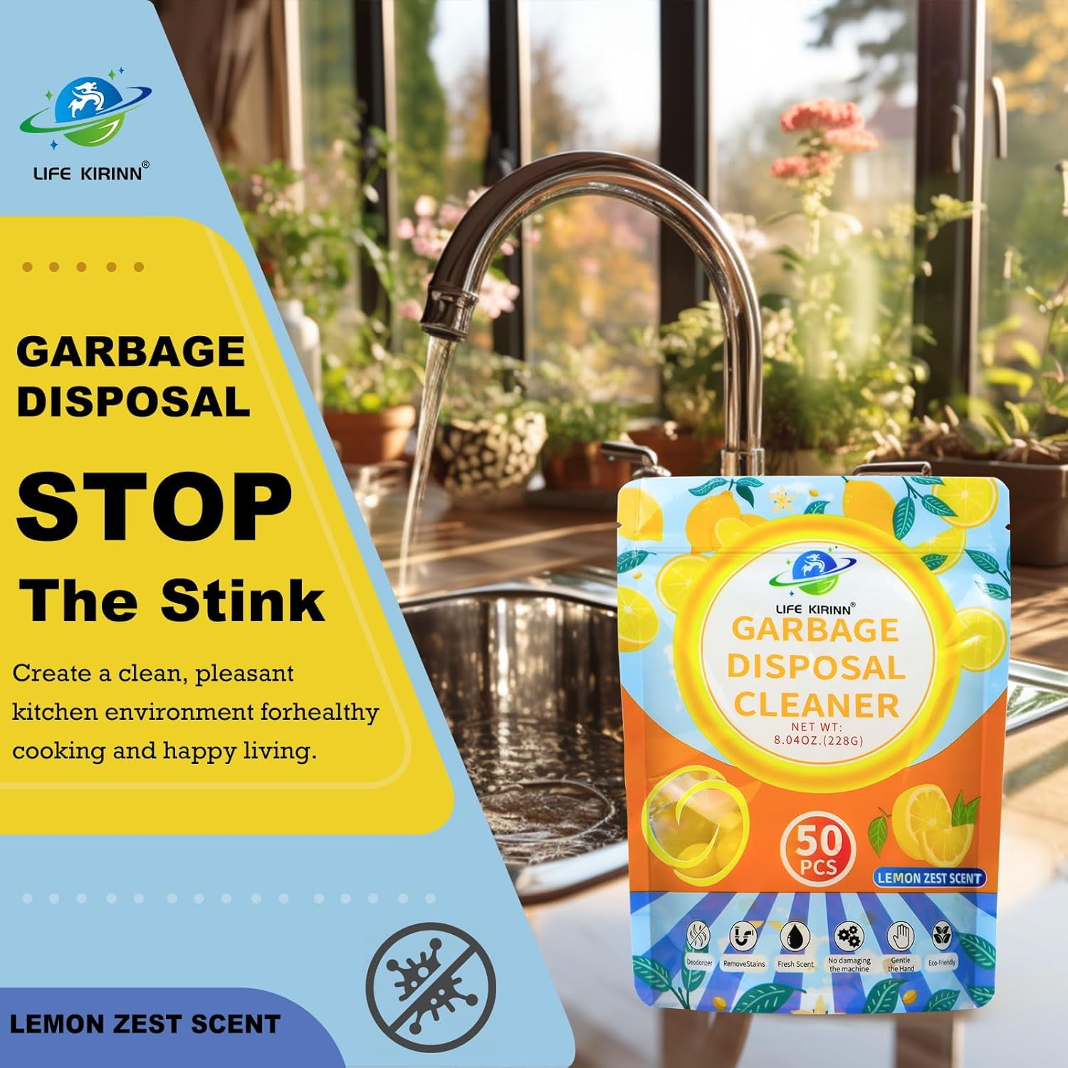 Garbage Disposer ener,Sink Disposal Odor Eliminator,50 Count Lemon Scented Deodorizer Drops,Kitchen Sink ener Pods