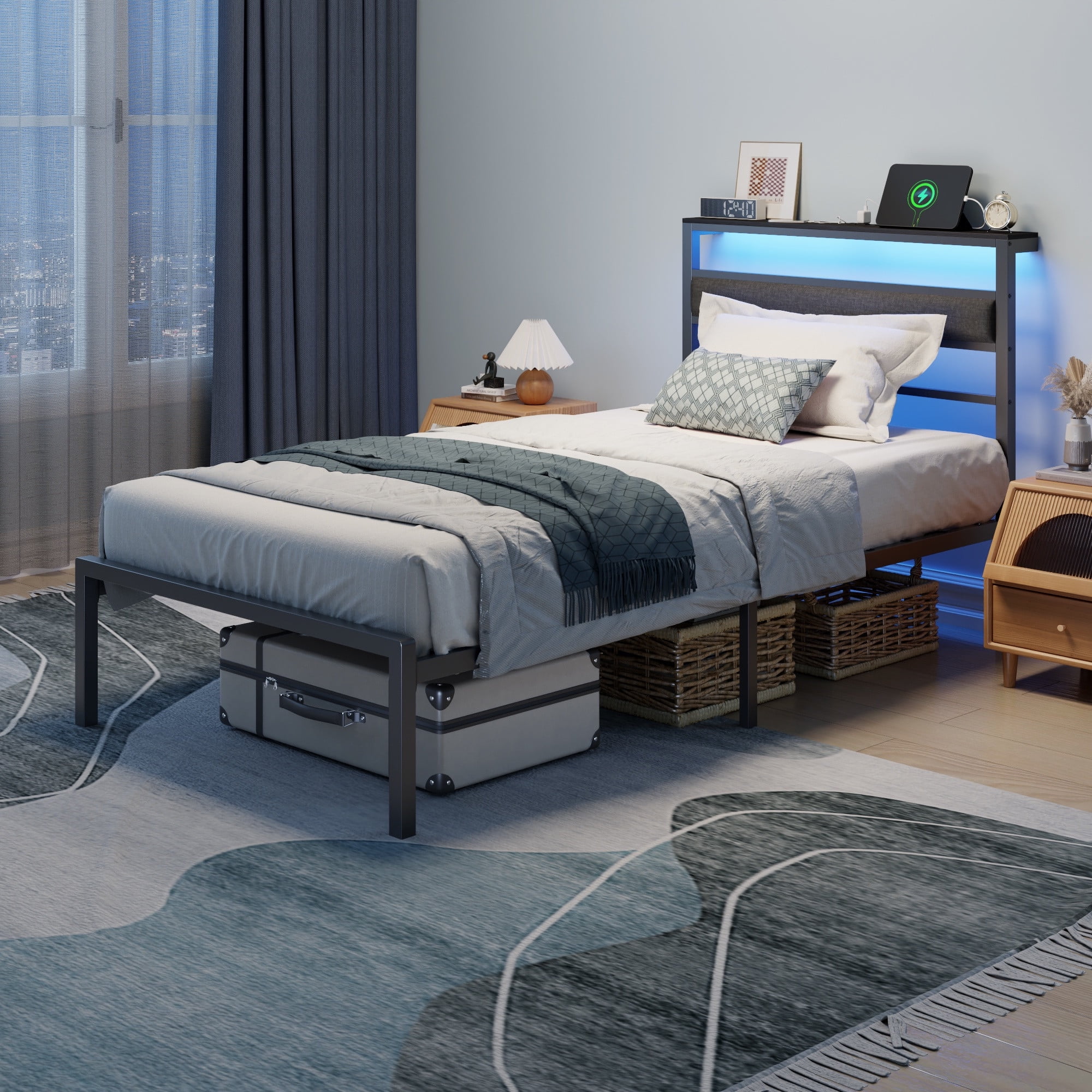 Satifur Twin Size Bed Frame with Upholstered Headboard & Shelf, LED Lights & USB Charging Station, Metal Black