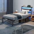 thumbnail image 3 of Satifur Twin Size Bed Frame with Upholstered Headboard & Shelf, LED Lights & USB Charging Station, Metal Black, 3 of 10