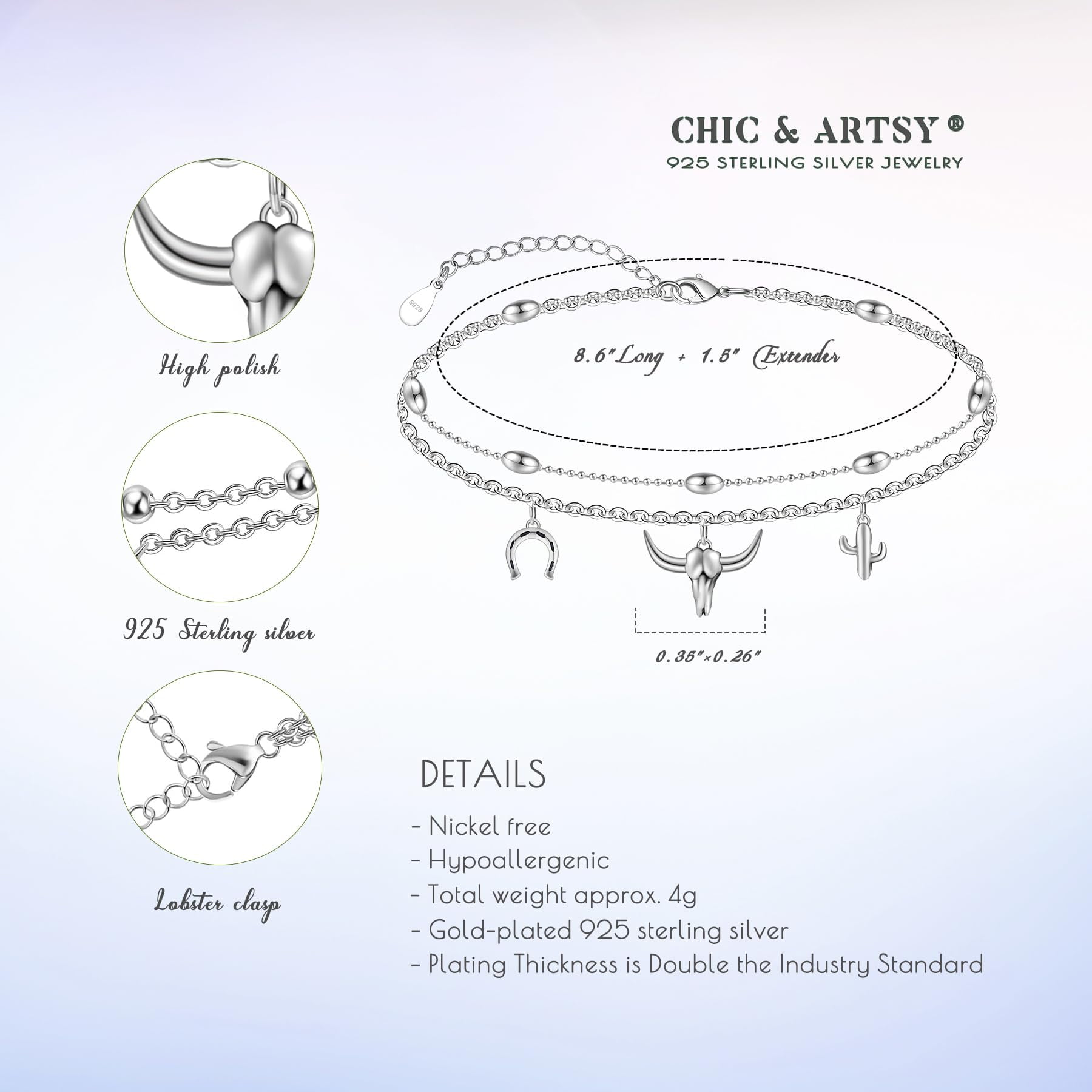 CHIC & ARTSY Sterling Silver Anklet - Hypoallergenic, Adjustable, Layered, Perfect for Beach or Everyday Wear