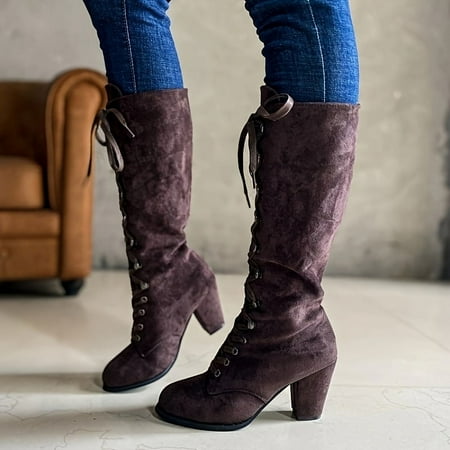

Womens Solid Hue Chunky Heel Knee High Boots - Fashion-Forward Lace-Up Design Luxuriously Comfortable Dress-to-Impress - Stylish and Trendy