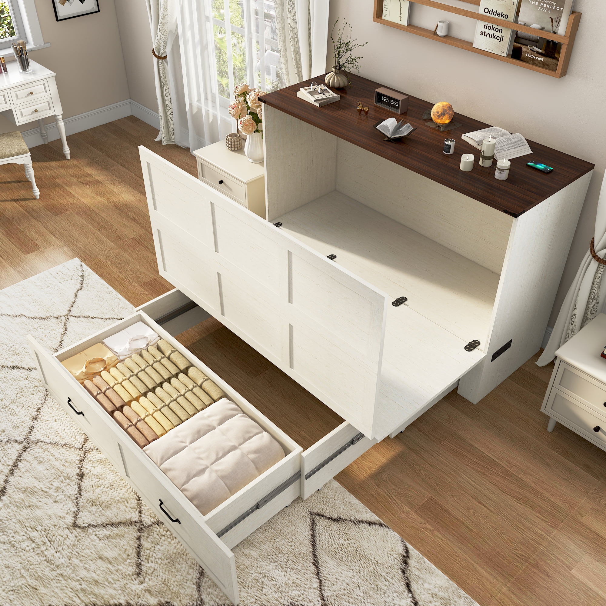 Anpoo Queen Size Murphy Bed, Hidden Folding Bed with Drawer and