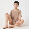 thumbnail image 4 of 2Pcs/Set Men Pajamas Set Round Neck Short Sleeve Tops Elastic Waist Shorts Set Ice Silk Breathable Thin Loungewear Set, 4 of 8