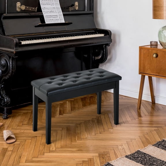 Resenkos Piano Bench, Duet Piano Chair With Faux Leather Padded Cushion And Wooden Frame, Button Tufted Keyboard Bench, Black