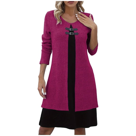 Olyvenn Women's Long Sleeve Buttoned Dress Sweater Fake Two-Piece V-Neck Casual Fashion Regular Length Lightweight Stretchy Breathable Fall Winter Dress Everyday Wear Hot Pink XXXL