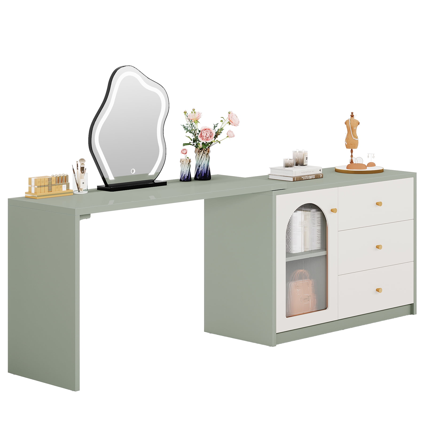 Fnova 48" Table for Nail Tech, Modern Stretchable L-Shaped Nail Corner Desk Station with Cabinet and 2 Drawers, Beauty Salon Workstation Decor with Storage Shelves, White Green