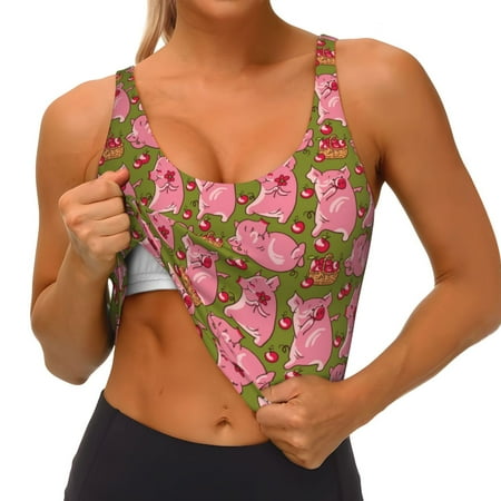 Qokaie Cartoon Pigs Pattern Womens Scoop Neck Sports Bra Breathable Workout Vest Padded U Back Medium Impact Fitness Gym Yoga Bra Workout Crop Top