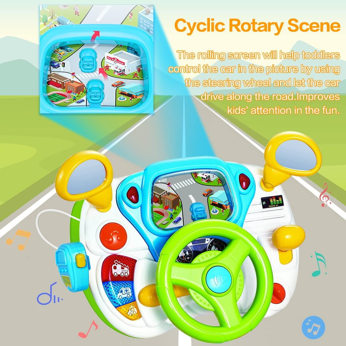 Toddler Steering Wheel Toy, Turn and Learn Driver Toy with Light and Sound, Role-Play Toy for Baby
