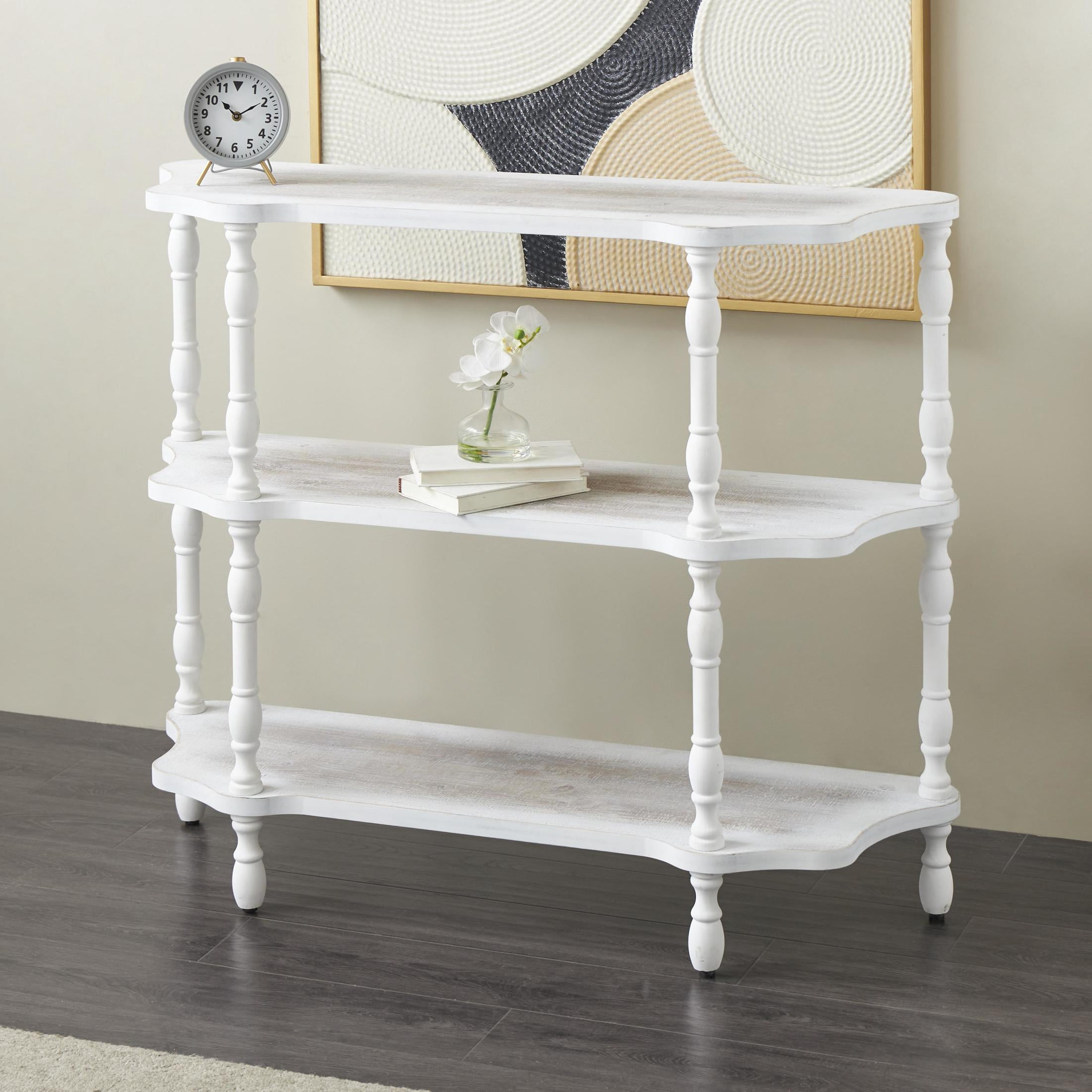DecMode 47" x 38" White Wooden Washed 3-Tier Shelving Unit with Turned Legs and Wavy Corners, 1-Piece