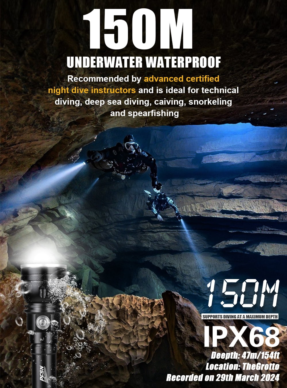 PFSN Scuba Dive Light 3000 Lumens, Waterproof Diving Flashlight for Caving, Snorkeling & Deep Diving