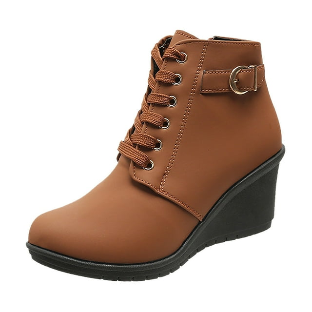 Bottines Mode Léopard pour Femmes avec Boucle Talon Compensé Plateforme Dentelle Grand pour Femmes Talon Bas Confortable Chaud Élégant Mignon pour Femmes Automne Femmes avec Talons