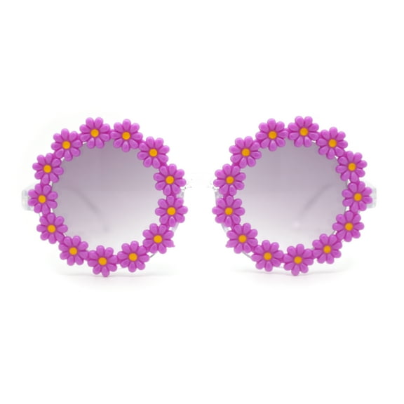 Girls Kids Size Daisy Jewel Trim Plastic Round Circle Lens Sunglasses Purple - Smoke