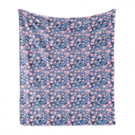 Cherry Blossom Soft Flannel Fleece Blanket, Art Deco Fish Scale Pattern Cherry Flowers and Climbing Bean Plant, Cozy Plush for Indoor and Outdoor Use, 50" x 60", Pink and Violet Blue, by Ambesonne