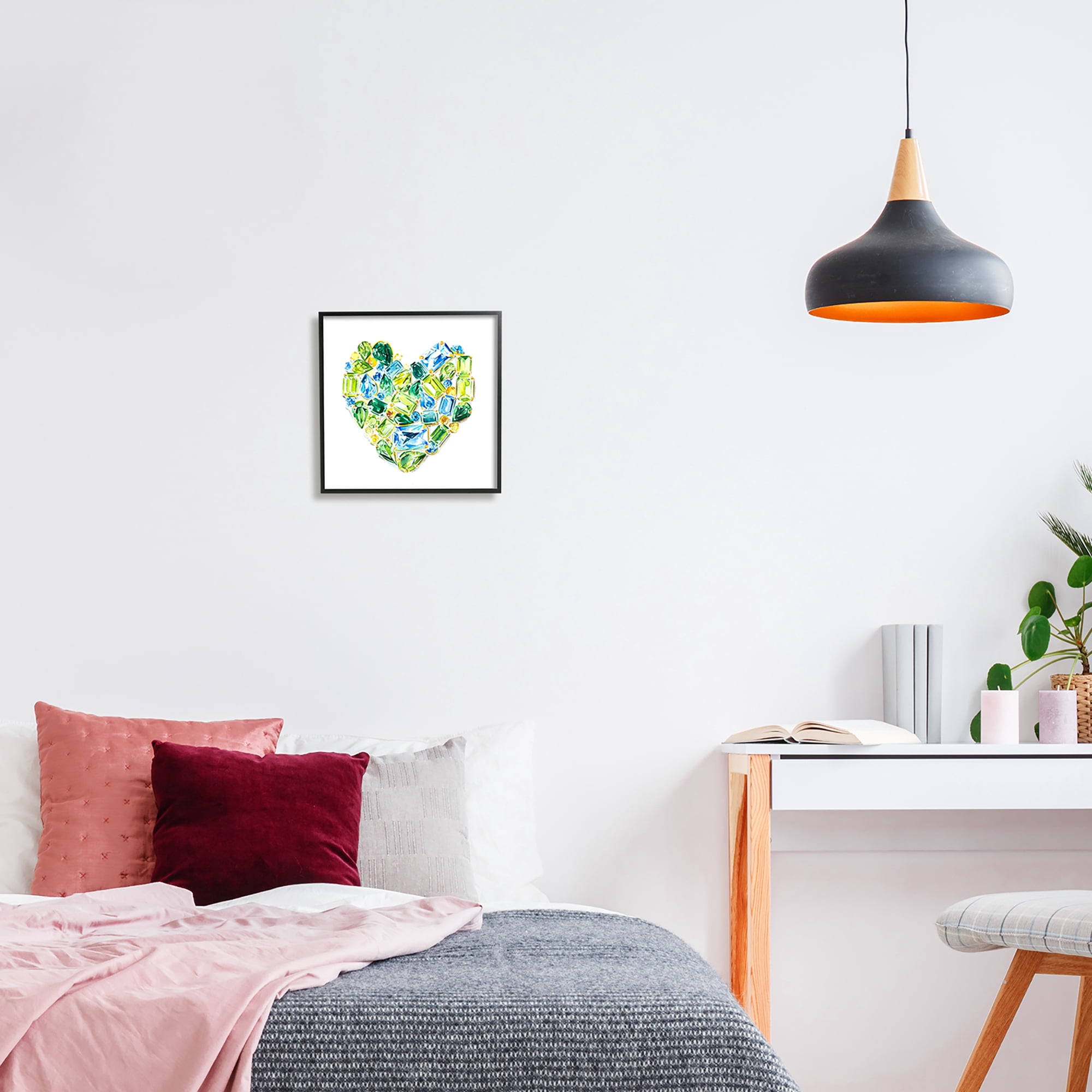 Stupell Industries Green Gemstones Heart Abstract Painting Black Framed Art Print Wall Art, 12 x 12