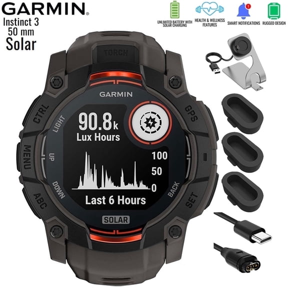 Garmin 010-02935-00 Instinct 3 - 50 mm Outdoor GPS Smartwatch SOLAR Black with Charcoal Band Bundle with Charging Dock, Silicone Dust Cover for Watch 3 Pack and USB Type C Charging and Sync Cable