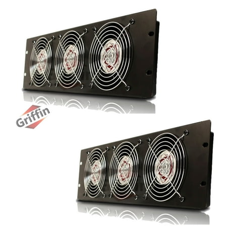 2 PACK - Rackmount Cooling Fan by Griffin 3U Ultra-Quiet Triple Exhaust Fans, Keep Studio Audio Equipment Gear Cool Rack Mount on Network IT System Server Rails Temperature Control Panel Cabinet