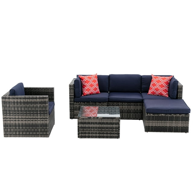 Outdoor Conversation Sets, 4 Piece Patio Furniture Sets with Wicker Chair, 3-Seat Sofa, Ottoman, Glass Table, All-Weather PE Rattan Patio Sectional Sofa Set for Backyard, Porch, Garden, Pool