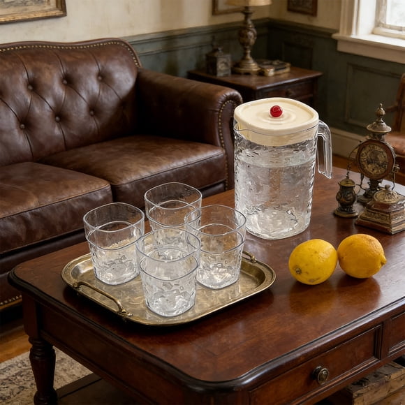 Weloille Pichet d'Eau Froide à Ondulations avec Ensemble de Tasses, 1 Pichet 4 Pcs Tasses, Ensemble de Vaisselle de Boisson Sans BPA Étanche Résistant à la Chaleur, pour la Maison, la Cuisine, les Fêtes et l'Usage Quotidien de Boissons Froides Chaudes