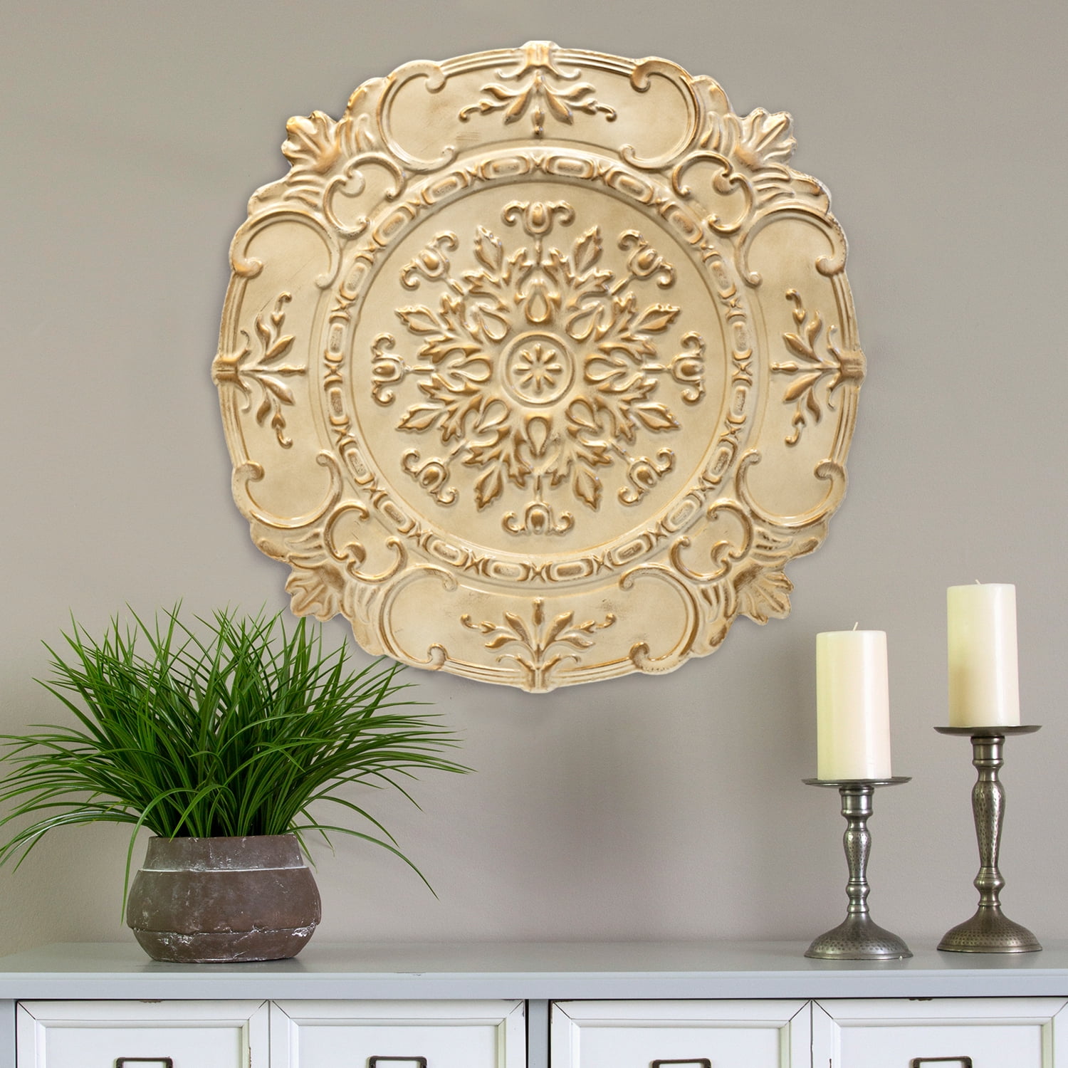 Decorative Wood Wall Panel in Rustic Ivory Floral Scroll Relief Wall  Sculpture