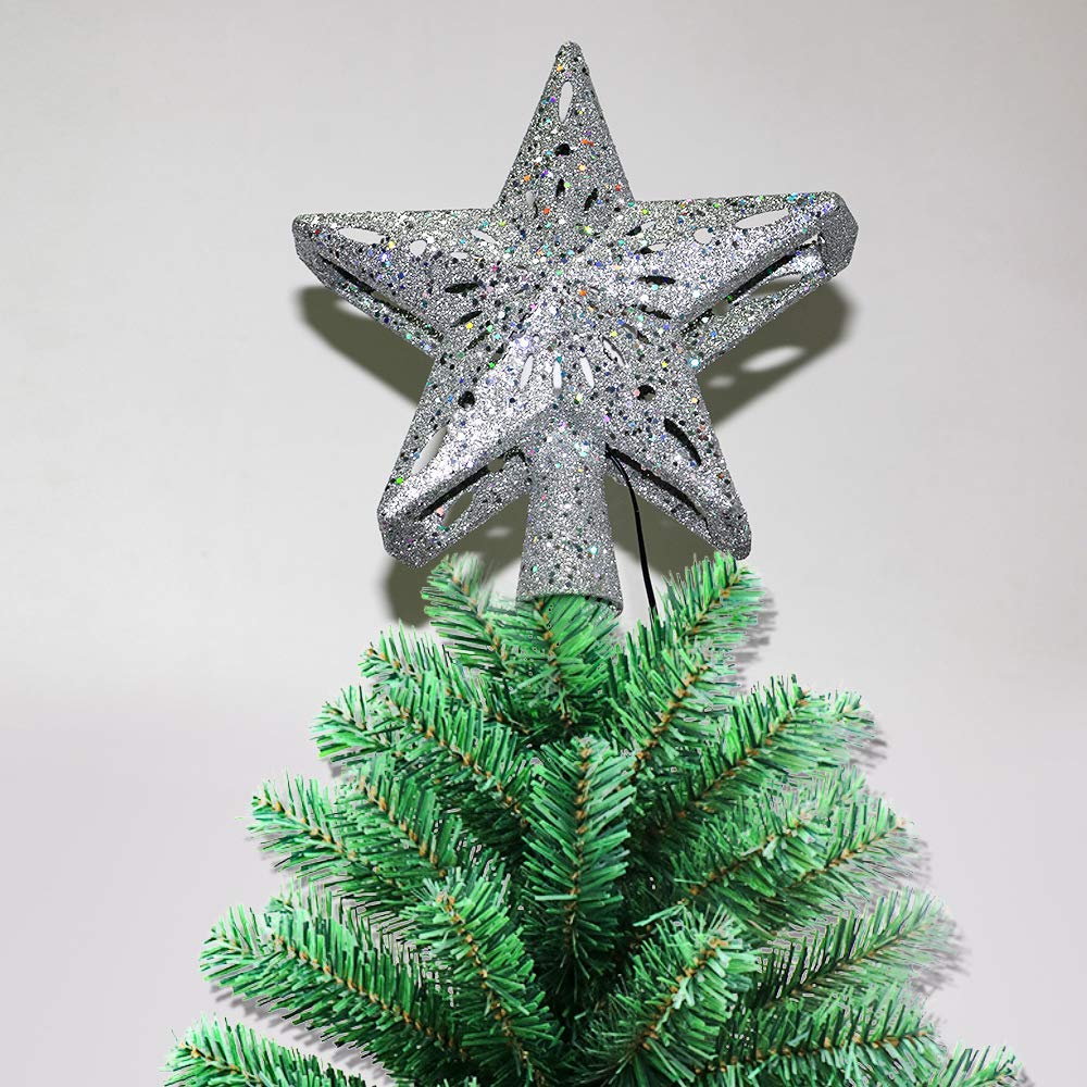 Christmas Tree Topper Star Lighted 3d Glitter Sliver Snow Tree