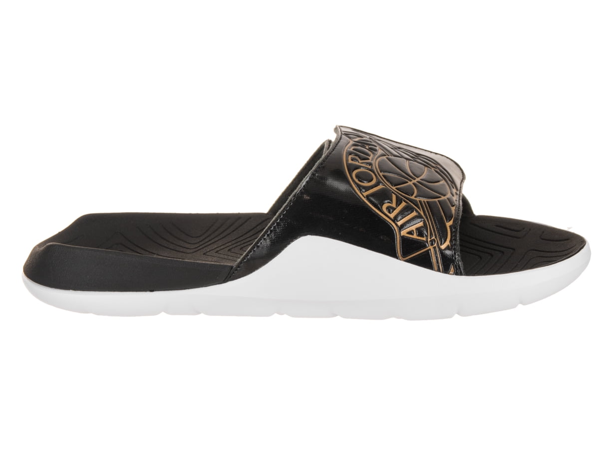jordan sandals black and gold