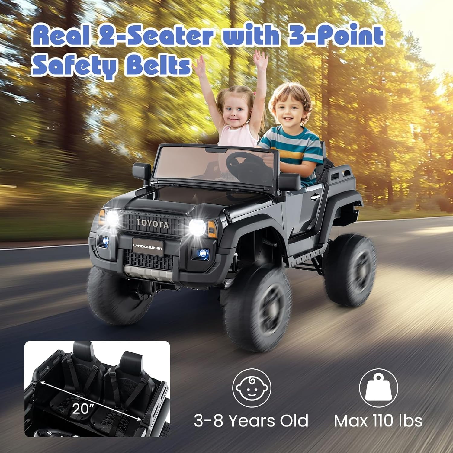 Licensed Toyota LC250 24V 2 Seater Ride on Truck by OLAKIDS, 2WD/4WD Battery Powered Vehicle with Remote Control, 3 Speeds, Music, Lights, Kids Electric Car for 3+ Boys Girls
