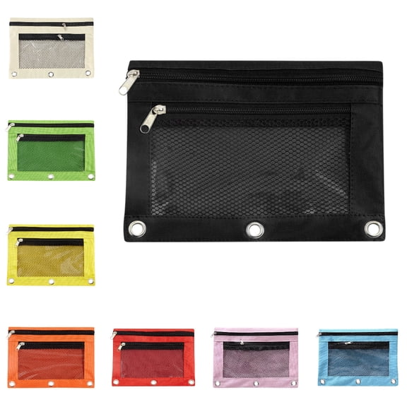 Pencil Pouch, 3-Ring Binder Pencil Case with Mesh Window, 10x7 Inch Dual Zipper Pouch for Class Office Supplies, Black