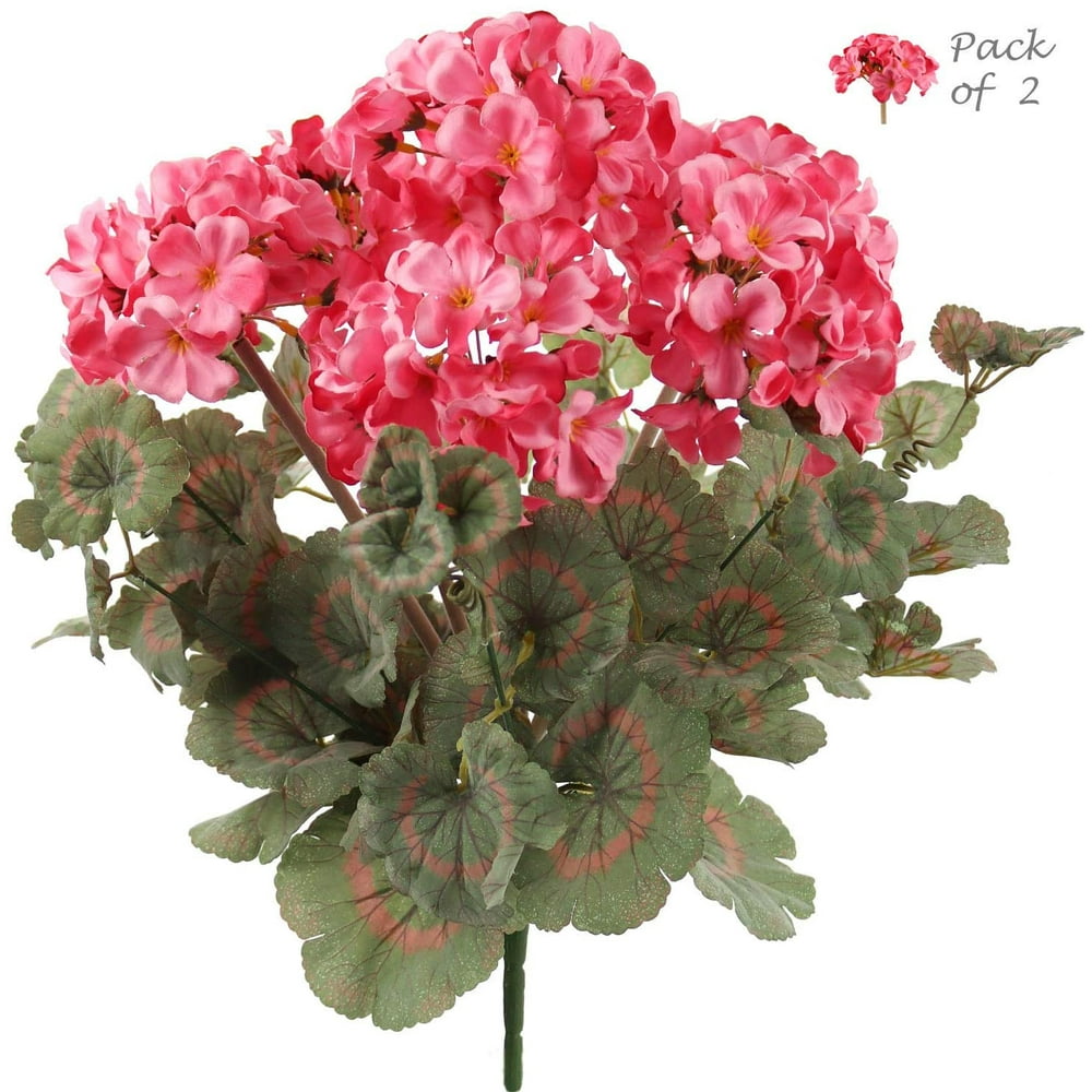 Floral Home Two Pink Artificial Geranium Flower Bush UV Resistant