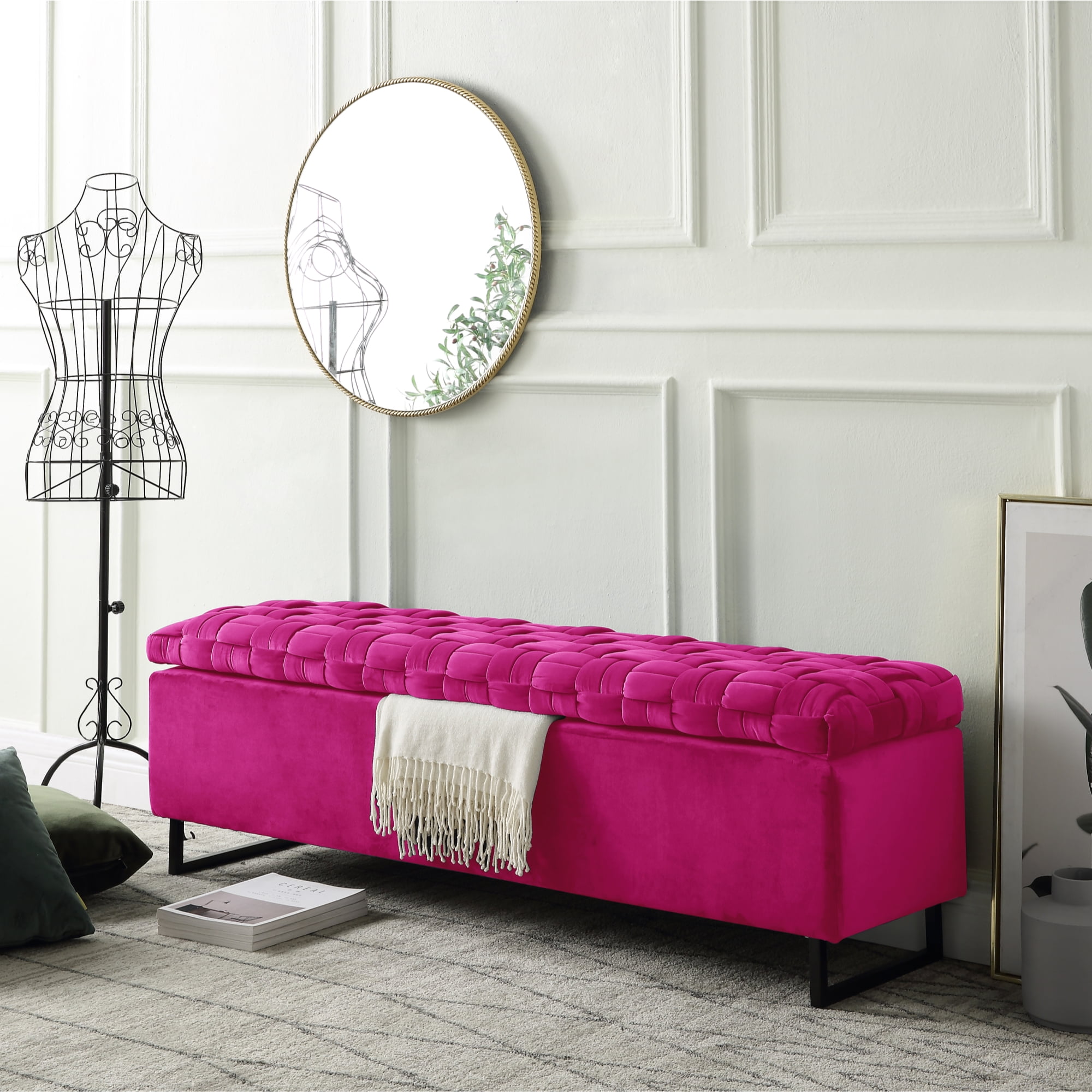 Inspired Home Edgar Velvet Storage Bench Upholstered Hand Woven Storage