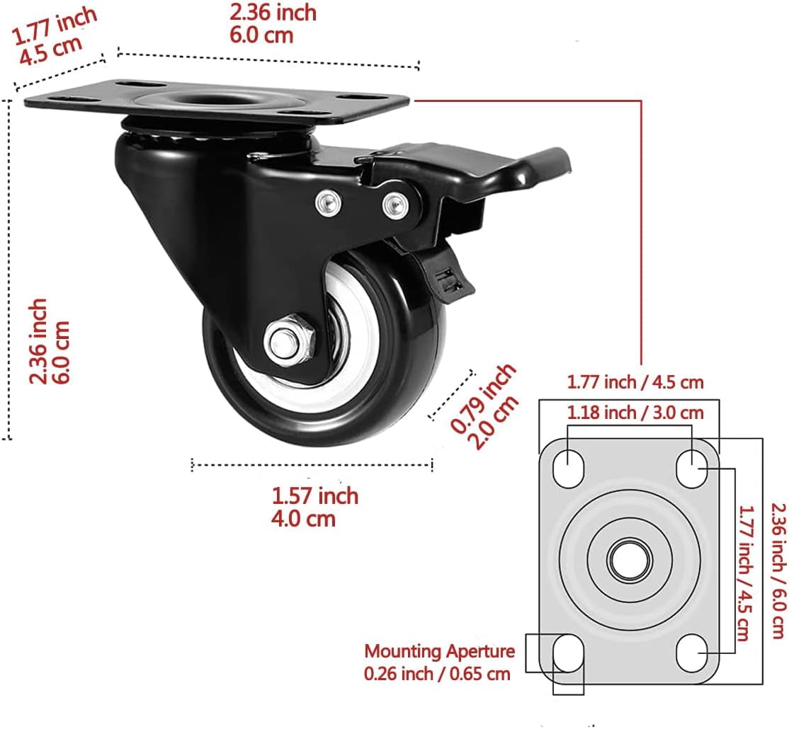 FRKSMD-1.5" Heavy Duty Plate Caster Wheels with Brake,No Noise Locking Casters with Polyurethane (PU) Wheels, Swivel Plate Castors Pack of 4(2 with Brakes and 2 without)