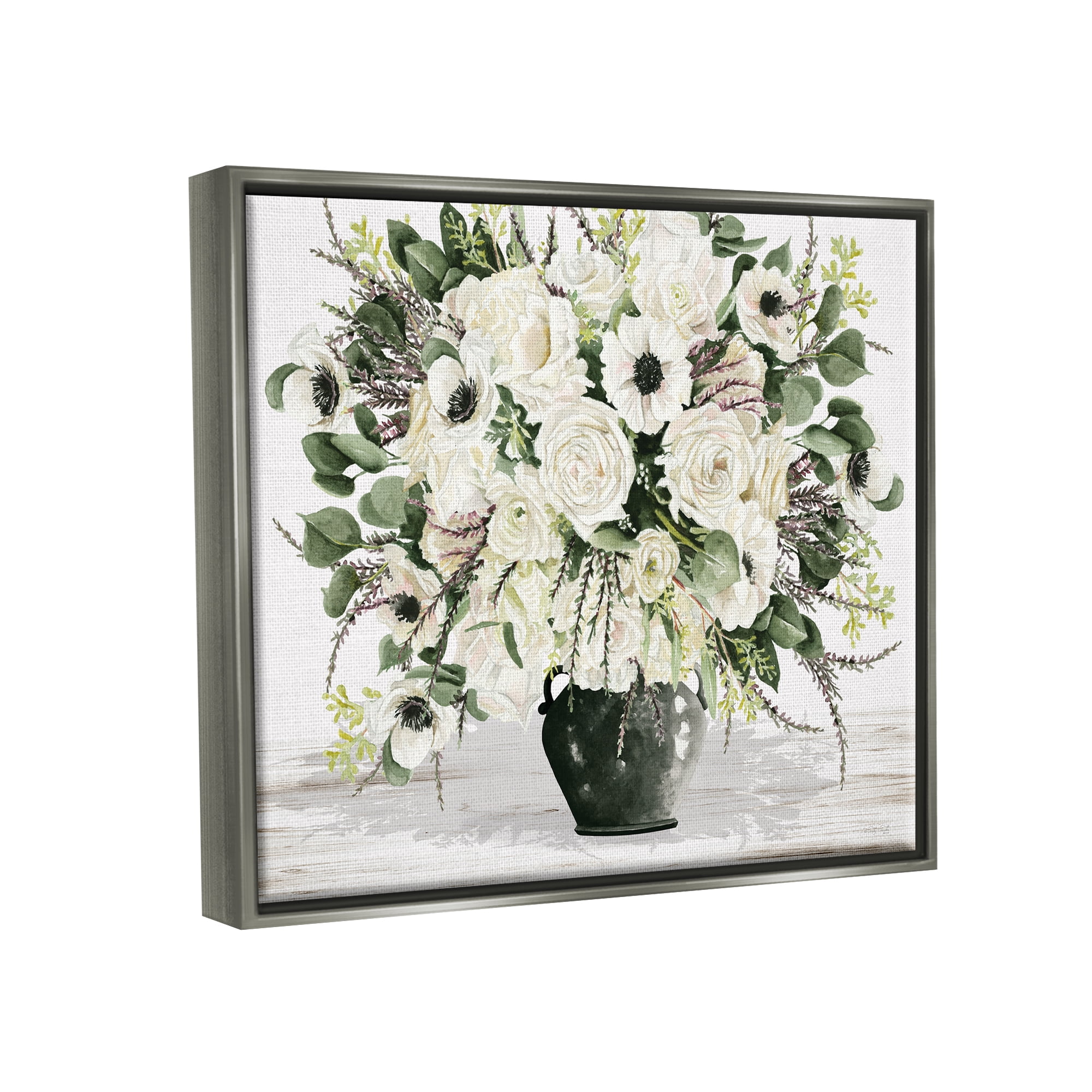 Stupell Industries White Blooming Blossoms Botanical & Floral Painting Gray Floater Framed Canvas Art Print Wall Art, 21 x 17