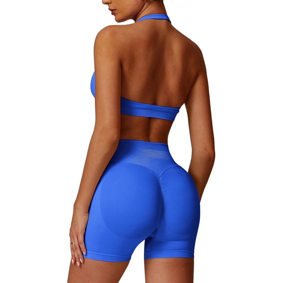 PISONIC Ensemble d'Entraînement pour Femmes 2 Pcs Soutien-Gorge de Sport à Bretelles Col Licou Shorts de Levage de Fesses Tenues Actives de Gym Yoga