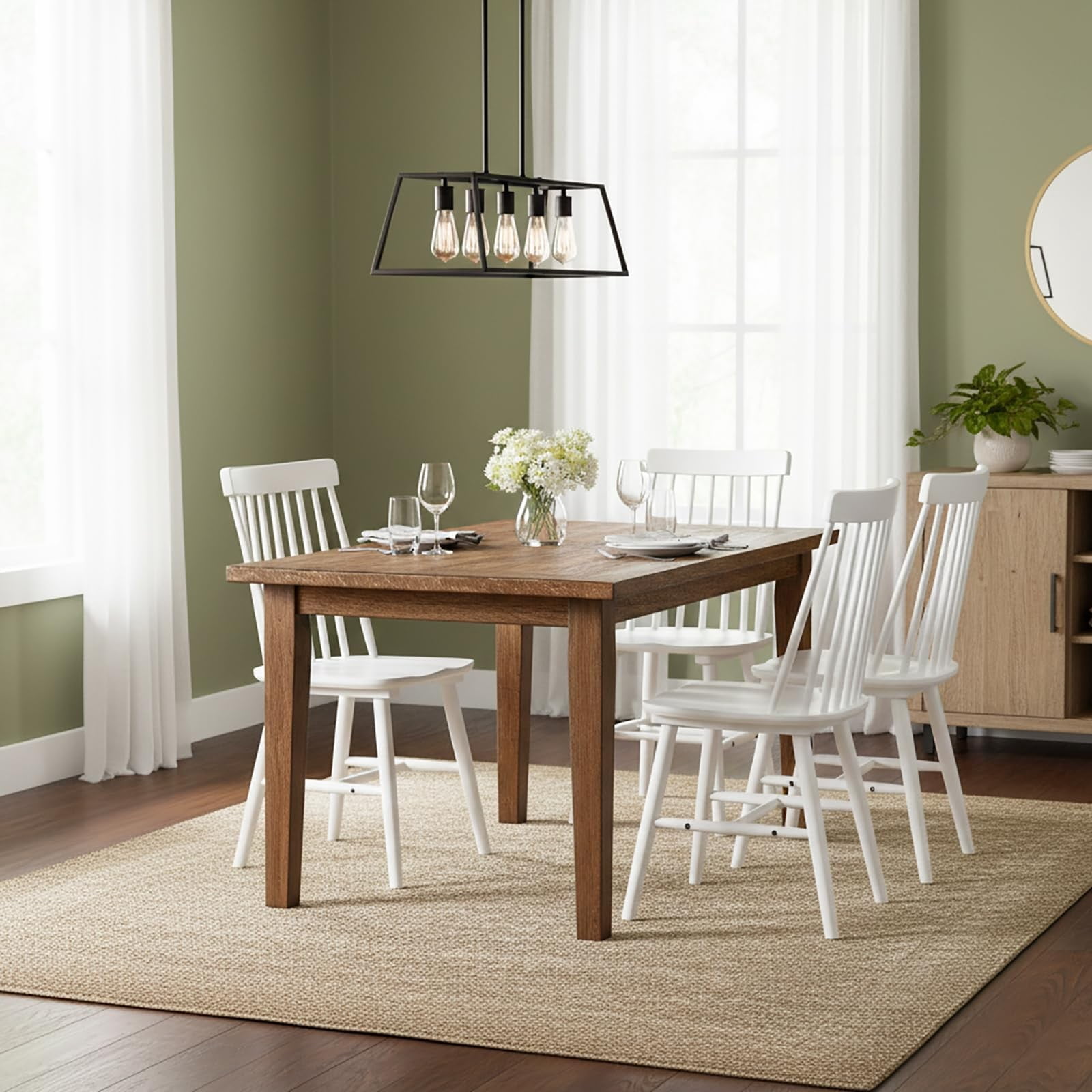 Farmhouse Dining Chairs Set of 2, Mid Century Modern Spindle Back Wooden Dining Room Chairs for Kitchen & Living Room, White