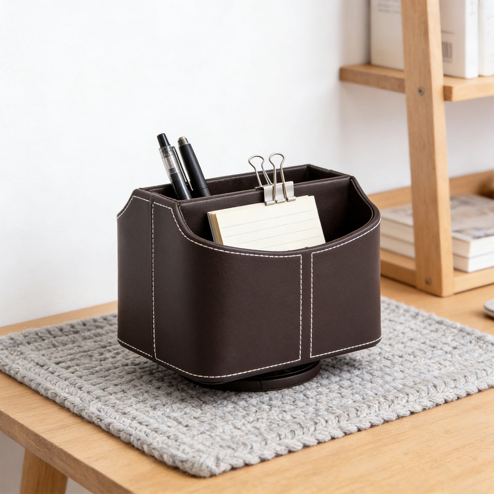 Leodye 1PCS Rotating Leather Desk Organizer, Multi-functional Pen and Remote Holder, Desktop Storage Box for Home office Desk Accessories -7.48*6.1*5.31in