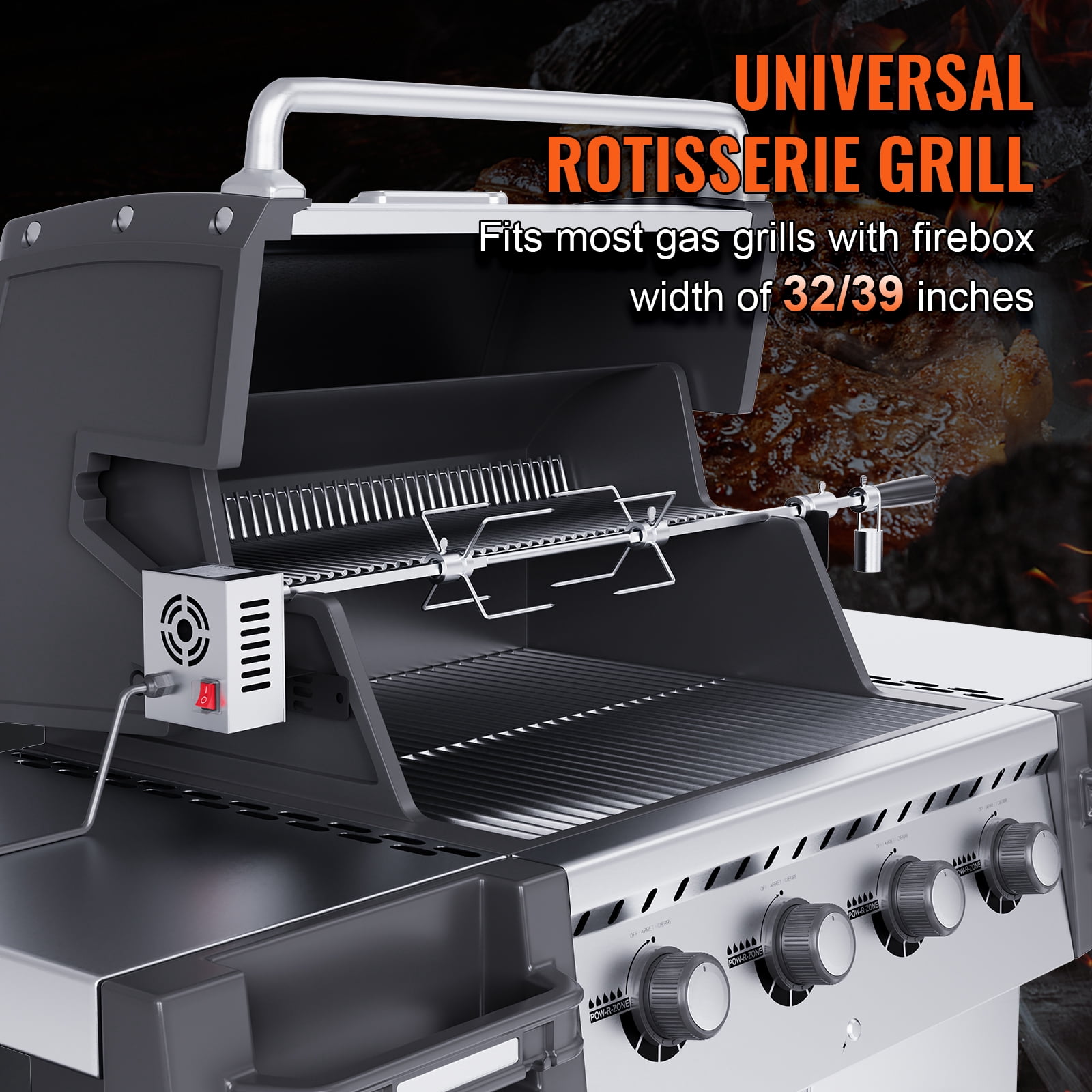 SKYSHALO Universal Grill Rotisserie Kit BBQ Roaster 32"/39" Spit Rod Electric Motor