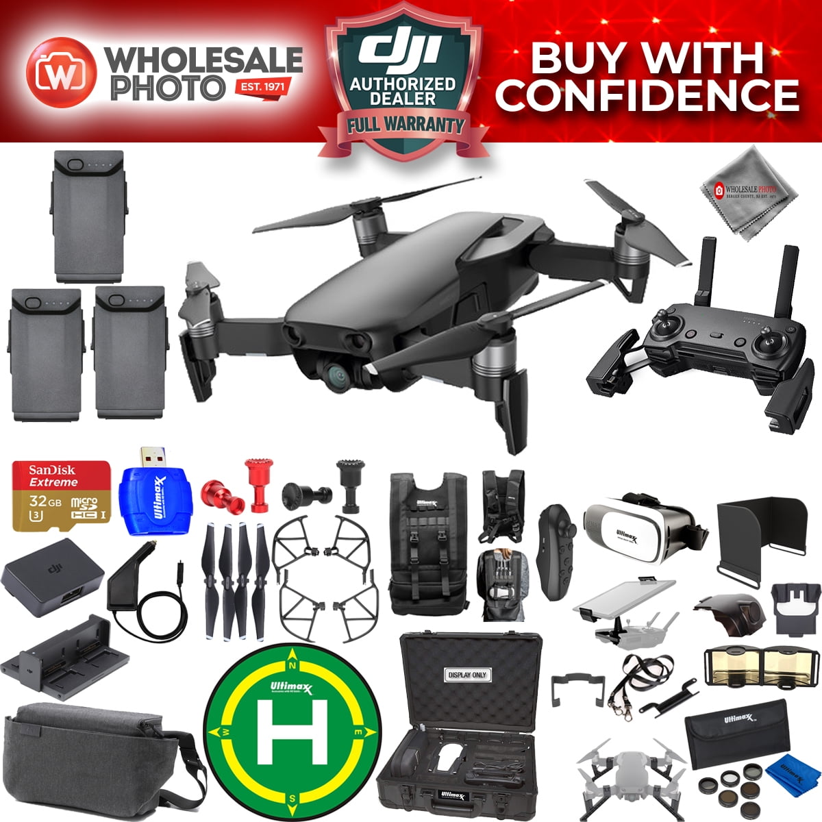 DJI Mavic Air Onyx Pro Fly More Combo Bundle with Aluminum Case, 32GB Micro SD Card, Drone Vest ...