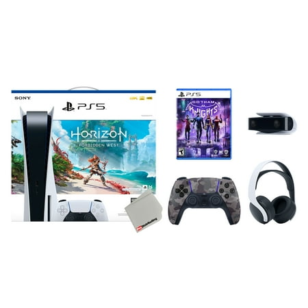 Sony Playstation 5 Disc Horizon Forbidden West Bundle with Extra Grey Camo Controller, White PULSE 3D Headset, Gotham Knights and Camera