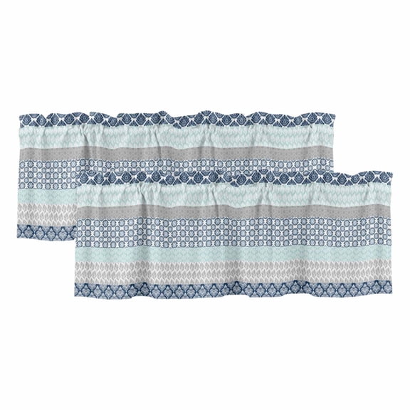 Boho Blue Aqua Valances for Windows, Geometric Stripes Tribal Bohemia Retro Light Filtering Kitchen Curtains, Rod Pocket Window Valance Curtains for Living Room Bedroom, 60" W x 18" L, 2 Panels