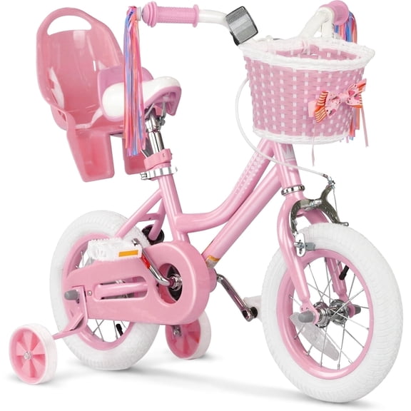 GLAF 12 in Kids Bicycle, Girls' Bike with Training Wheels, Streamers & Basket - Perfect for Ages 2-9, Pink