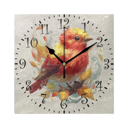 7.78in Square Artistic Wall Clock Dual-Purpose Tabletop & Hanging Decor Silent Non-Ticking Clocks for Home Office Red and Yellow Bird