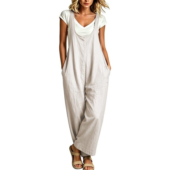 Drses‌‌ Women's Lightweight Cotton Linen Jumpsuit Romper Overalls, Adjustable Strap Baggy Wide Leg One Piece Outfit with Back Zipper Pockets
