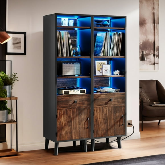 6-Tier Record Player Stand With Power Outlets and LED Light, Turntable Stand with Vinyl Record Storage Cabinet Holds Up to 550 Albums