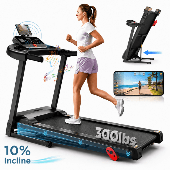 Treadmill 300lbs Capacity Folding Treadmill for Home with 10% Incline, 3.75HP Motor, 7.5 MPH Max Speed, Bluetooth Speaker, APP Control & Shock Absorption Running Belt